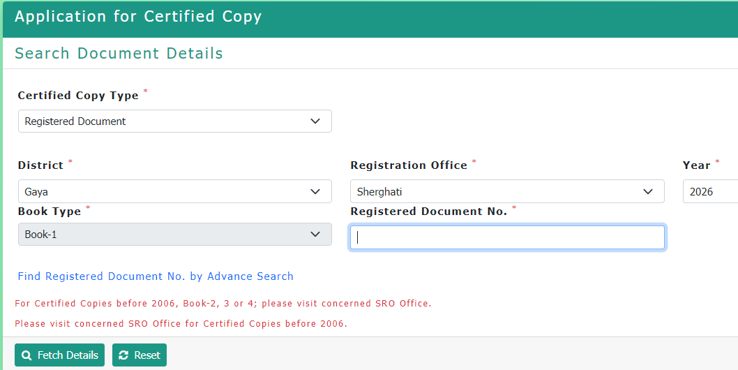 e-Nibandhan certified copy search form preview